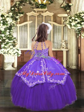 Trendy Halter Top Sleeveless Pageant Dress Toddler Floor Length Beading and Embroidery Purple Tulle