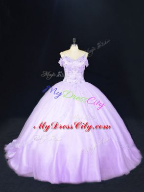 Off The Shoulder Sleeveless Court Train Lace Up Ball Gown Prom Dress Lavender Tulle