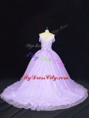 Off The Shoulder Sleeveless Court Train Lace Up Ball Gown Prom Dress Lavender Tulle