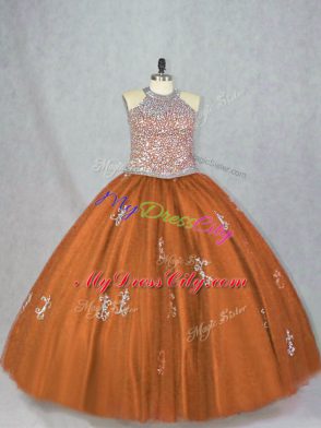 Wonderful Brown Quince Ball Gowns Sweet 16 and Quinceanera with Beading and Appliques Halter Top Sleeveless Lace Up