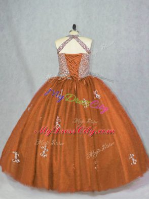 Wonderful Brown Quince Ball Gowns Sweet 16 and Quinceanera with Beading and Appliques Halter Top Sleeveless Lace Up