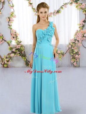 Customized Floor Length Aqua Blue Dama Dress Chiffon Sleeveless Hand Made Flower