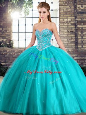 Luxury Tulle Sweetheart Sleeveless Brush Train Lace Up Beading Quinceanera Dresses in Aqua Blue