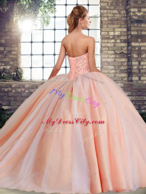 Luxury Tulle Sweetheart Sleeveless Brush Train Lace Up Beading Quinceanera Dresses in Aqua Blue