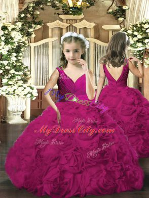 Attractive Fuchsia Fabric With Rolling Flowers Backless V-neck Sleeveless Floor Length Sweet 16 Dresses Beading