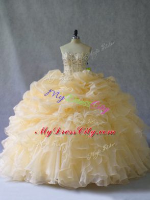 Gold Sweet 16 Quinceanera Dress Quinceanera with Beading and Ruffles and Pick Ups Strapless Sleeveless Lace Up