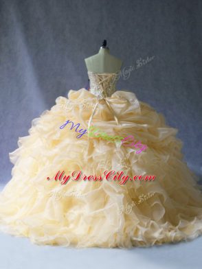 Gold Sweet 16 Quinceanera Dress Quinceanera with Beading and Ruffles and Pick Ups Strapless Sleeveless Lace Up