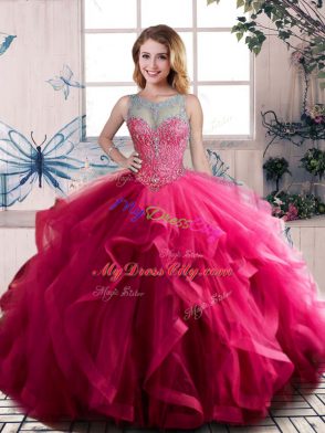 Sleeveless Tulle Floor Length Lace Up Ball Gown Prom Dress in Fuchsia with Beading and Ruffles