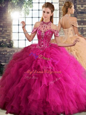 Traditional Fuchsia Lace Up Quinceanera Gowns Beading and Ruffles Sleeveless Floor Length