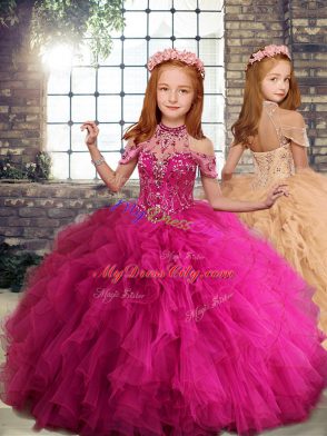 Traditional Fuchsia Lace Up Quinceanera Gowns Beading and Ruffles Sleeveless Floor Length