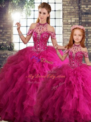 Traditional Fuchsia Lace Up Quinceanera Gowns Beading and Ruffles Sleeveless Floor Length