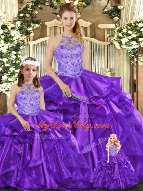 Purple Organza Lace Up Halter Top Sleeveless Floor Length Quinceanera Gown Beading and Ruffles