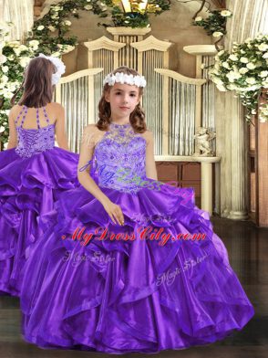 Purple Organza Lace Up Halter Top Sleeveless Floor Length Quinceanera Gown Beading and Ruffles