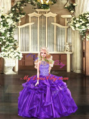 Purple Organza Lace Up Halter Top Sleeveless Floor Length Quinceanera Gown Beading and Ruffles