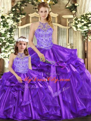 Purple Organza Lace Up Halter Top Sleeveless Floor Length Quinceanera Gown Beading and Ruffles