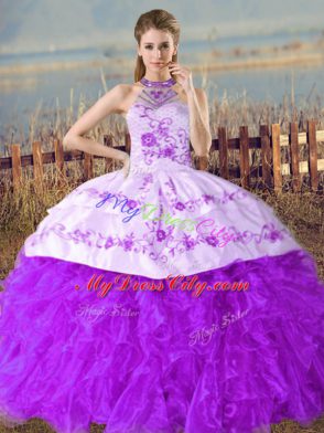 Suitable Purple Lace Up Halter Top Embroidery and Ruffles Quince Ball Gowns Organza Sleeveless Court Train