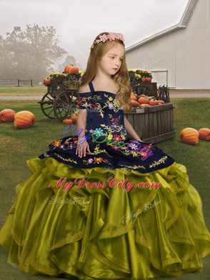 Hot Selling Sleeveless Floor Length Embroidery and Ruffles Lace Up Kids Pageant Dress with Olive Green