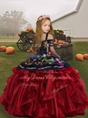 Hot Selling Sleeveless Floor Length Embroidery and Ruffles Lace Up Kids Pageant Dress with Olive Green