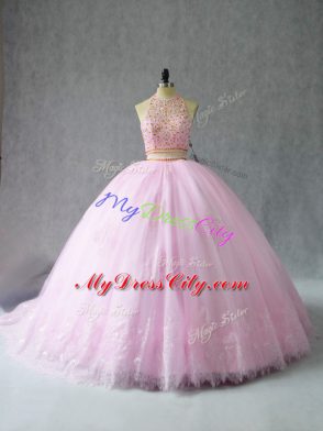 Spectacular Baby Pink Zipper Quinceanera Dresses Beading and Appliques Sleeveless Court Train