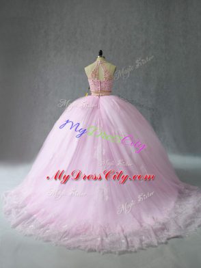 Spectacular Baby Pink Zipper Quinceanera Dresses Beading and Appliques Sleeveless Court Train