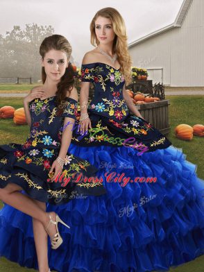 Organza Off The Shoulder Sleeveless Lace Up Embroidery and Ruffled Layers Sweet 16 Quinceanera Dress in Blue And Black