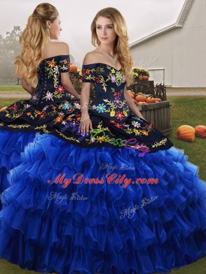 Organza Off The Shoulder Sleeveless Lace Up Embroidery and Ruffled Layers Sweet 16 Quinceanera Dress in Blue And Black