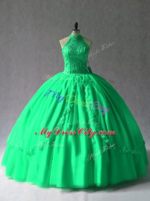 Green Lace Up Quinceanera Dress Appliques Sleeveless Floor Length