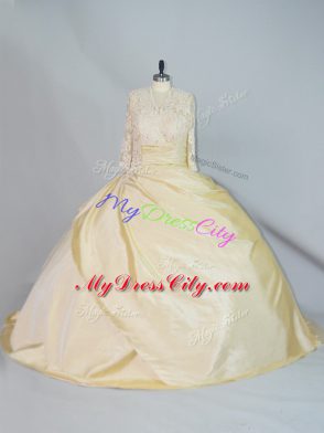 Sweet Ball Gowns Long Sleeves Yellow Sweet 16 Quinceanera Dress Brush Train Lace Up