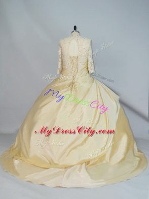 Sweet Ball Gowns Long Sleeves Yellow Sweet 16 Quinceanera Dress Brush Train Lace Up