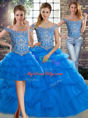 Hot Selling Three Pieces Sleeveless Blue Vestidos de Quinceanera Brush Train Lace Up