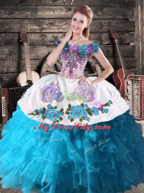 Flirting Floor Length Teal Quinceanera Dresses Organza Sleeveless Embroidery and Ruffles