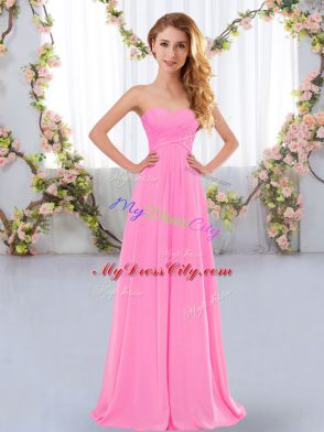 Sleeveless Floor Length Ruching Lace Up Bridesmaids Dress with Rose Pink