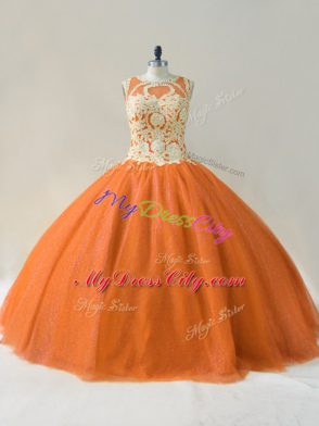 Orange Ball Gowns Tulle Scoop Sleeveless Beading and Appliques Floor Length Lace Up Quinceanera Dresses