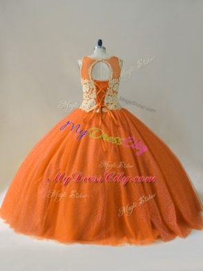 Orange Ball Gowns Tulle Scoop Sleeveless Beading and Appliques Floor Length Lace Up Quinceanera Dresses