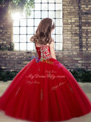 Ball Gowns Pageant Gowns For Girls Red Off The Shoulder Tulle Sleeveless Floor Length Lace Up