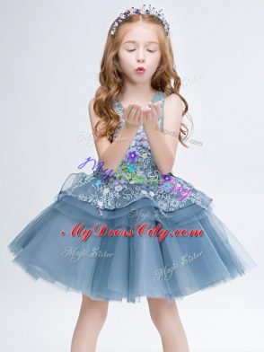 Glorious Grey Ball Gowns V-neck Sleeveless Tulle Mini Length Lace Up Lace and Appliques Toddler Flower Girl Dress