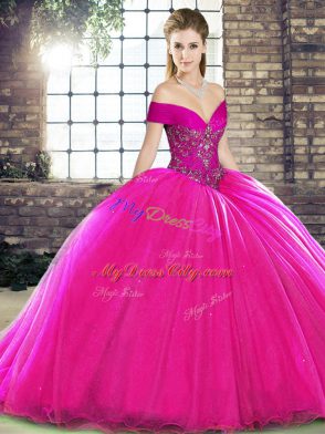 Lace Up Quinceanera Dress Fuchsia for Military Ball and Sweet 16 and Quinceanera with Beading Brush Train