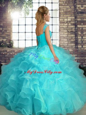 Sumptuous Aqua Blue Organza Lace Up Quinceanera Gowns Sleeveless Floor Length Beading and Ruffles