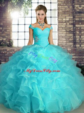 Sumptuous Aqua Blue Organza Lace Up Quinceanera Gowns Sleeveless Floor Length Beading and Ruffles