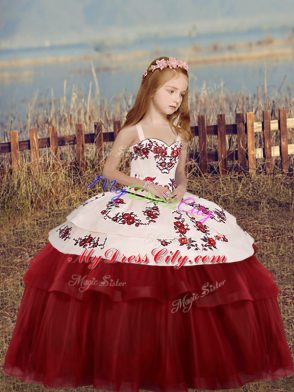 Red Sleeveless Embroidery Floor Length Pageant Gowns For Girls