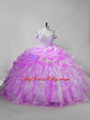 Beauteous Lilac Ball Gowns Organza Straps Sleeveless Beading and Ruffles and Pick Ups Lace Up Ball Gown Prom Dress Brush Train