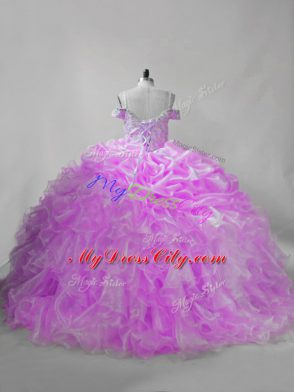 Beauteous Lilac Ball Gowns Organza Straps Sleeveless Beading and Ruffles and Pick Ups Lace Up Ball Gown Prom Dress Brush Train