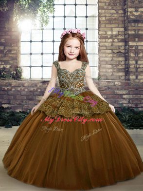 Brown Sleeveless Floor Length Beading and Appliques Lace Up Pageant Dress