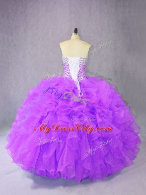 Deluxe Floor Length Lace Up Quinceanera Gowns Purple for Sweet 16 and Quinceanera with Beading and Ruffles