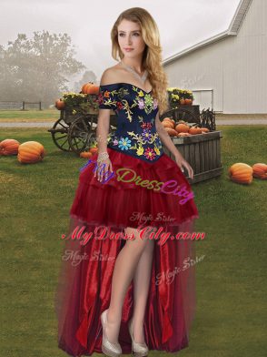 Custom Design Sleeveless Brush Train Embroidery and Ruffled Layers Lace Up Vestidos de Quinceanera