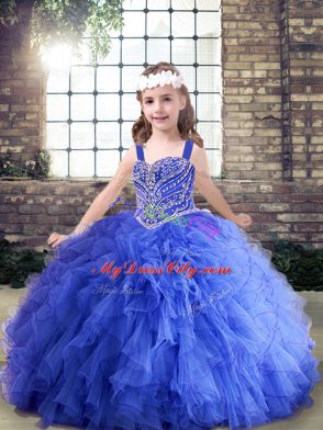 Straps Sleeveless Tulle Pageant Dress for Teens Beading and Ruffles Lace Up