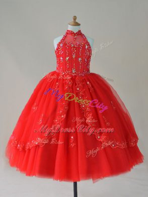 Enchanting Red High-neck Neckline Beading and Appliques Kids Pageant Dress Sleeveless Lace Up