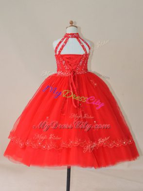 Enchanting Red High-neck Neckline Beading and Appliques Kids Pageant Dress Sleeveless Lace Up