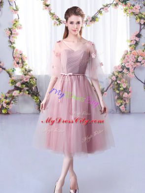 Fantastic Tea Length Lace Up Wedding Guest Dresses Pink for Wedding Party with Lace and Belt