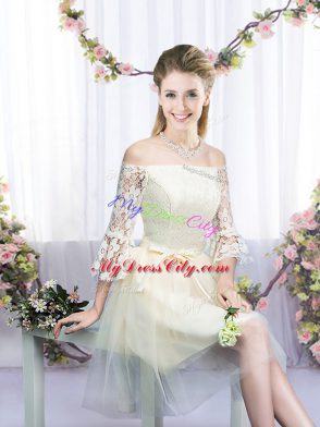 Champagne Empire Lace and Bowknot Wedding Party Dress Lace Up Tulle 3 4 Length Sleeve Mini Length